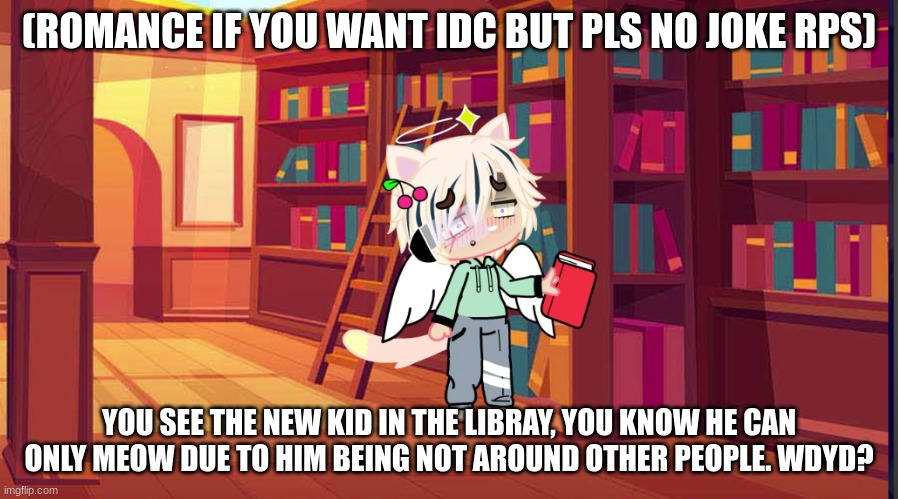 (ROMANCE IF YOU WANT IDC BUT PLS NO JOKE RPS); YOU SEE THE NEW KID IN THE LIBRAY, YOU KNOW HE CAN ONLY MEOW DUE TO HIM BEING NOT AROUND OTHER PEOPLE. WDYD? | made w/ Imgflip meme maker