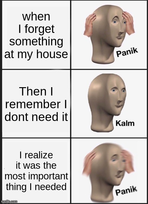 Panik Kalm Panik | when I forget something at my house; Then I remember I dont need it; I realize it was the most important thing I needed | image tagged in memes,panik kalm panik | made w/ Imgflip meme maker