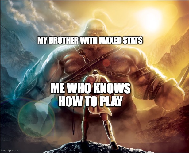 David vs Goliath | MY BROTHER WITH MAXED STATS; ME WHO KNOWS HOW TO PLAY | image tagged in david vs goliath | made w/ Imgflip meme maker