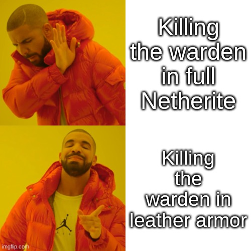 Drake Hotline Bling | Killing the warden in full Netherite; Killing the warden in leather armor | image tagged in memes,drake hotline bling | made w/ Imgflip meme maker