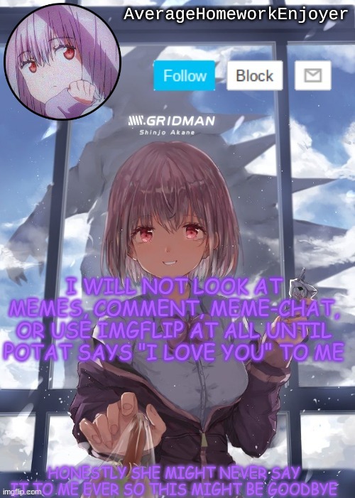 possibly goodbye? (WHAT THE HELL BRO -potat) | I WILL NOT LOOK AT MEMES, COMMENT, MEME-CHAT, OR USE IMGFLIP AT ALL UNTIL POTAT SAYS "I LOVE YOU" TO ME; HONESTLY SHE MIGHT NEVER SAY IT TO ME EVER SO THIS MIGHT BE GOODBYE | image tagged in homework enjoyers temp | made w/ Imgflip meme maker