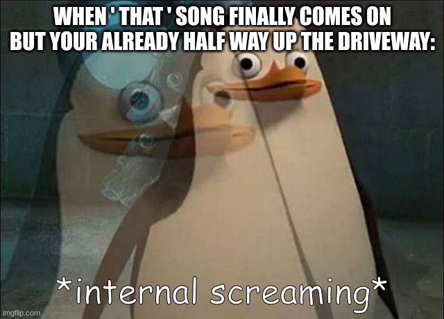 Does this happen to anybody else....? Just me then.......... | WHEN ' THAT ' SONG FINALLY COMES ON
BUT YOUR ALREADY HALF WAY UP THE DRIVEWAY: | image tagged in private internal screaming,song,homework | made w/ Imgflip meme maker