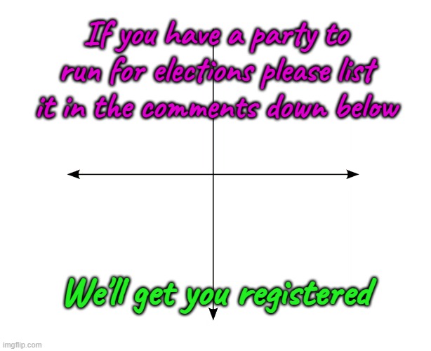 Register your party here! | If you have a party to run for elections please list it in the comments down below; We'll get you registered | image tagged in blank axis chart | made w/ Imgflip meme maker