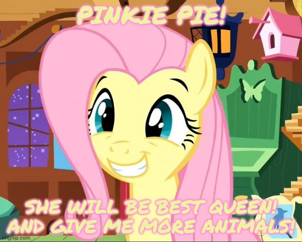 Happy Fluttershy | PINKIE PIE! SHE WILL BE BEST QUEEN! AND GIVE ME MORE ANIMALS! | image tagged in happy fluttershy | made w/ Imgflip meme maker