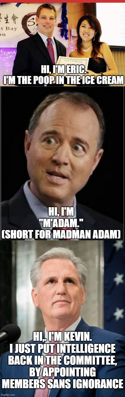 Working the Swing SchifT |  HI, I'M ERIC.
I'M THE POOP IN THE ICE CREAM; HI, I'M
 "M'ADAM." 
(SHORT FOR MADMAN ADAM); HI,. I'M KEVIN.
I JUST PUT INTELLIGENCE BACK IN THE COMMITTEE,
BY APPOINTING MEMBERS SANS IGNORANCE | image tagged in eric swalwell and fang,adam schiff,kevin mcarthy,nancy pelosi,the struggle,cultural marxism | made w/ Imgflip meme maker