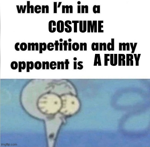 whe i'm in a competition and my opponent is | COSTUME; A FURRY | image tagged in whe i'm in a competition and my opponent is | made w/ Imgflip meme maker