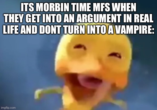 crying duck | ITS MORBIN TIME MFS WHEN THEY GET INTO AN ARGUMENT IN REAL LIFE AND DONT TURN INTO A VAMPIRE: | image tagged in crying duck | made w/ Imgflip meme maker