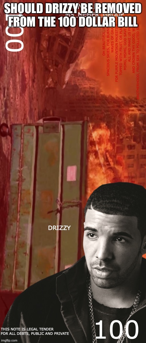 MSMG One Hundred Dollar Bill | SHOULD DRIZZY BE REMOVED FROM THE 100 DOLLAR BILL | image tagged in msmg one hundred dollar bill | made w/ Imgflip meme maker