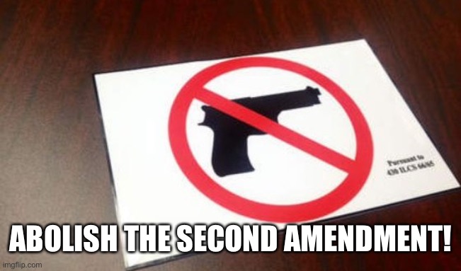 Take every citizen’s guns until just the government has them, then we can try to abolish the First Amendment. | ABOLISH THE SECOND AMENDMENT! | image tagged in gun free zone | made w/ Imgflip meme maker