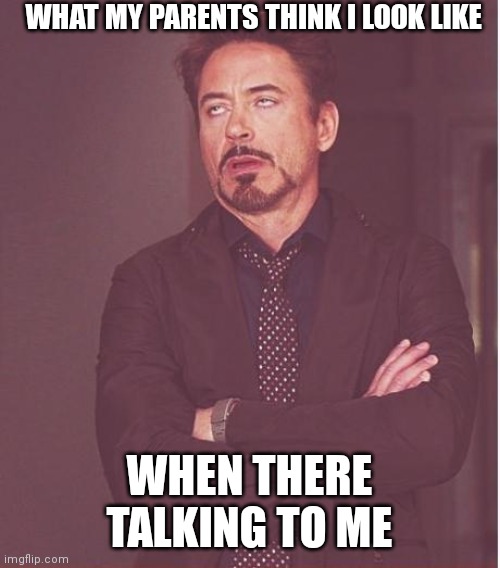 Face You Make Robert Downey Jr Meme | WHAT MY PARENTS THINK I LOOK LIKE; WHEN THERE TALKING TO ME | image tagged in memes,face you make robert downey jr | made w/ Imgflip meme maker