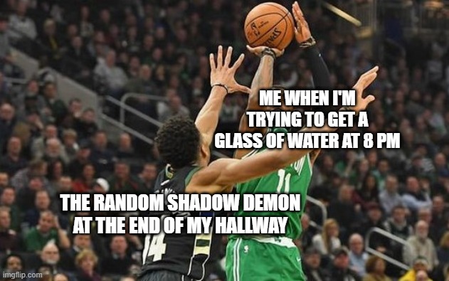 ME WHEN I'M TRYING TO GET A GLASS OF WATER AT 8 PM; THE RANDOM SHADOW DEMON AT THE END OF MY HALLWAY | image tagged in there goes kyrie,shamat | made w/ Imgflip meme maker
