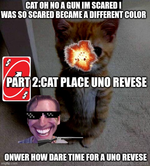 Cute Cat | CAT OH NO A GUN IM SCARED I WAS SO SCARED BECAME A DIFFERENT COLOR; PART 2:CAT PLACE UNO REVESE; ONWER HOW DARE TIME FOR A UNO REVESE | image tagged in memes,cute cat | made w/ Imgflip meme maker