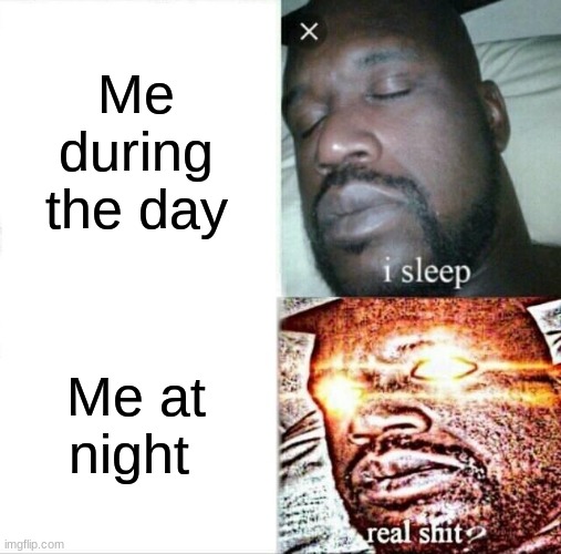 Sleeping Shaq | Me during the day; Me at night | image tagged in memes,sleeping shaq | made w/ Imgflip meme maker