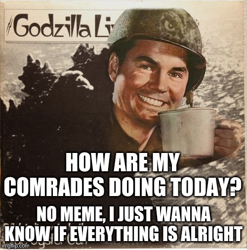 Hope everyone is ok. | HOW ARE MY COMRADES DOING TODAY? NO MEME, I JUST WANNA KNOW IF EVERYTHING IS ALRIGHT | image tagged in go go go godzilla coffee old time army marine soldier | made w/ Imgflip meme maker