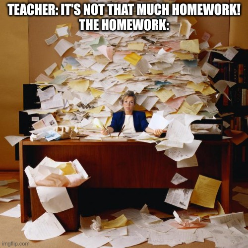 SAYS YOU | TEACHER: IT'S NOT THAT MUCH HOMEWORK!
THE HOMEWORK: | image tagged in busy | made w/ Imgflip meme maker