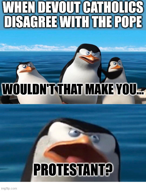 I think they doth protest too much | WHEN DEVOUT CATHOLICS DISAGREE WITH THE POPE; WOULDN'T THAT MAKE YOU... PROTESTANT? | image tagged in wouldnt that make you,god,church,pope,protestant,catholic | made w/ Imgflip meme maker