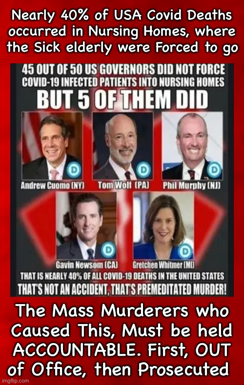 Notice they’re all D |  Nearly 40% of USA Covid Deaths
occurred in Nursing Homes, where
the Sick elderly were Forced to go; The Mass Murderers who
Caused This, Must be held
ACCOUNTABLE. First, OUT
of Office, then Prosecuted | image tagged in memes,dastardly devious devil dems,covidian cult is not only stupid but deadly,some are still in office,prison then hanging,fjb | made w/ Imgflip meme maker