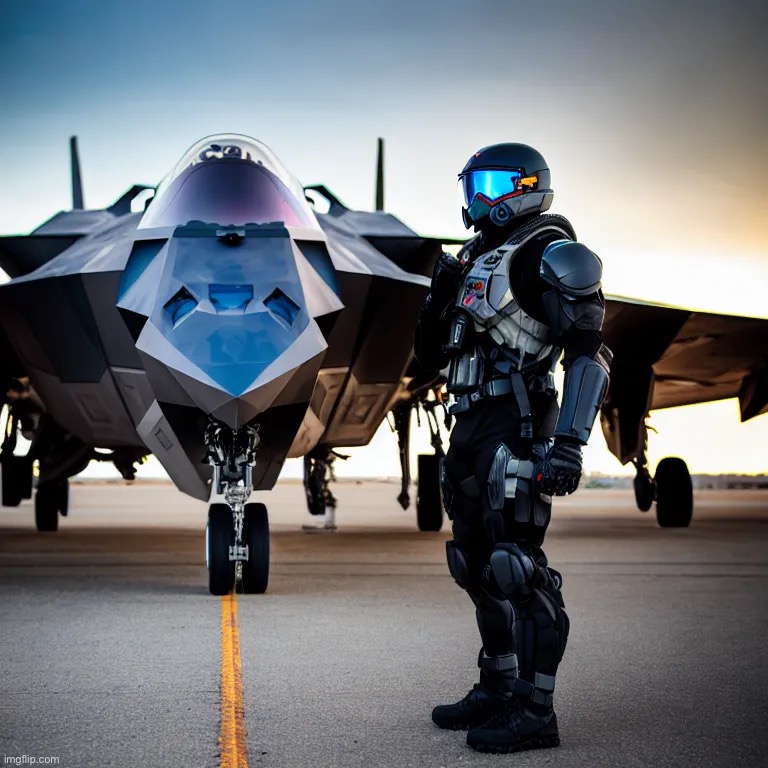 Prompt: ODST standing in front of an f22 | made w/ Imgflip meme maker
