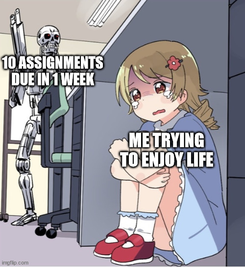 10 assignments | 10 ASSIGNMENTS DUE IN 1 WEEK; ME TRYING TO ENJOY LIFE | image tagged in anime girl hiding from terminator | made w/ Imgflip meme maker