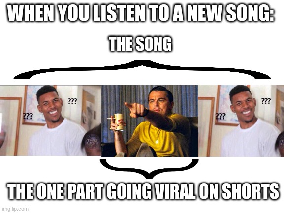 I know this part! | THE SONG; WHEN YOU LISTEN TO A NEW SONG:; THE ONE PART GOING VIRAL ON SHORTS | image tagged in blank white template,music,songs,song lyrics,viral,youtube | made w/ Imgflip meme maker