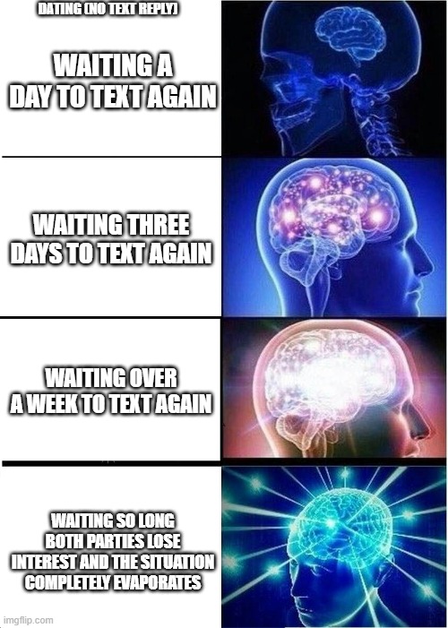 Dating Strat | DATING (NO TEXT REPLY); WAITING A DAY TO TEXT AGAIN; WAITING THREE DAYS TO TEXT AGAIN; WAITING OVER A WEEK TO TEXT AGAIN; WAITING SO LONG BOTH PARTIES LOSE INTEREST AND THE SITUATION COMPLETELY EVAPORATES | image tagged in memes,expanding brain | made w/ Imgflip meme maker