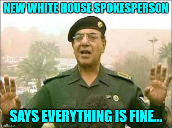 Everything is fine | NEW WHITE HOUSE SPOKESPERSON SAYS EVERYTHING IS FINE... | image tagged in everything is fine | made w/ Imgflip meme maker