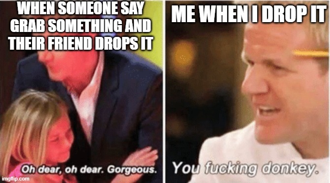 Gordon Ramsey talking to kids vs talking to adults | WHEN SOMEONE SAY GRAB SOMETHING AND THEIR FRIEND DROPS IT; ME WHEN I DROP IT | image tagged in gordon ramsey talking to kids vs talking to adults | made w/ Imgflip meme maker