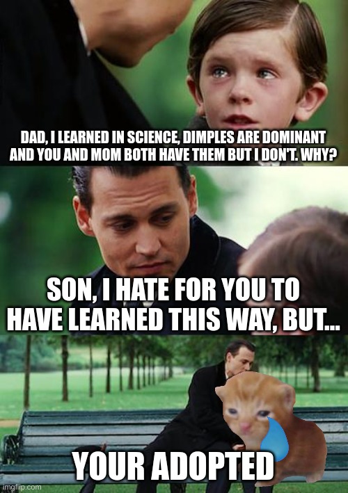 He had to find out this way, Good luck explaining this to mom, dad. | DAD, I LEARNED IN SCIENCE, DIMPLES ARE DOMINANT AND YOU AND MOM BOTH HAVE THEM BUT I DON'T. WHY? SON, I HATE FOR YOU TO HAVE LEARNED THIS WAY, BUT... YOUR ADOPTED | image tagged in memes,finding neverland | made w/ Imgflip meme maker
