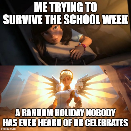 Overwatch Mercy Meme | ME TRYING TO SURVIVE THE SCHOOL WEEK; A RANDOM HOLIDAY NOBODY HAS EVER HEARD OF OR CELEBRATES | image tagged in overwatch mercy meme | made w/ Imgflip meme maker