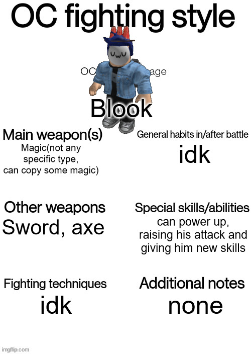 OC fighting style | Blook; idk; Magic(not any specific type, can copy some magic); can power up, raising his attack and giving him new skills; Sword, axe; idk; none | image tagged in oc fighting style | made w/ Imgflip meme maker