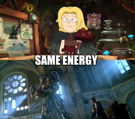 Sasha Waybright and Optimus Prime being cool | SAME ENERGY | image tagged in amphibia,transformers,optimus prime,cool,arms,same energy | made w/ Imgflip meme maker