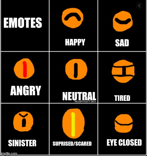 banisher emotes | EMOTES; HAPPY; SAD; ANGRY; NEUTRAL; TIRED; EYE CLOSED; SINISTER; SUPRISED/SCARED | image tagged in mood chart fixed boxes | made w/ Imgflip meme maker