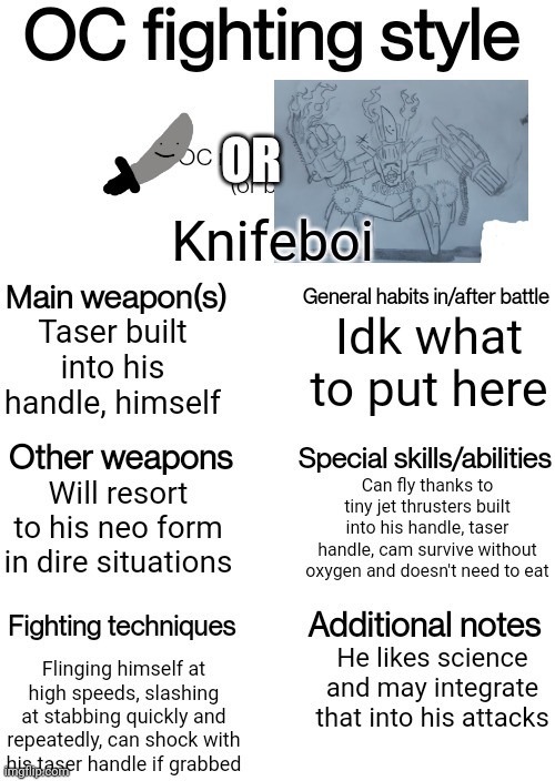 OC fighting style | OR; Knifeboi; Idk what to put here; Taser built into his handle, himself; Can fly thanks to tiny jet thrusters built into his handle, taser handle, cam survive without oxygen and doesn't need to eat; Will resort to his neo form in dire situations; He likes science and may integrate that into his attacks; Flinging himself at high speeds, slashing at stabbing quickly and repeatedly, can shock with his taser handle if grabbed | image tagged in oc fighting style | made w/ Imgflip meme maker