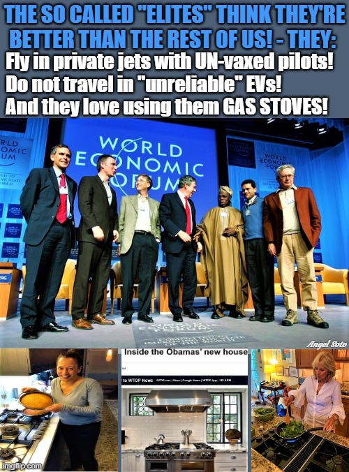 Bill Gates and the WEF hypocritical elites | THE SO CALLED "ELITES" THINK THEY'RE
BETTER THAN THE REST OF US! - THEY:; Fly in private jets with UN-vaxed pilots!
 Do not travel in "unreliable" EVs!
 And they love using them GAS STOVES! Angel Soto | image tagged in world economic forum,bill gates,covid vaccine,elite,kamala harris,barack obama | made w/ Imgflip meme maker