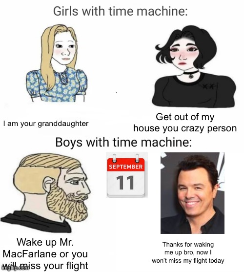 Time machine | I am your granddaughter; Get out of my house you crazy person; Wake up Mr. MacFarlane or you will miss your flight; Thanks for waking me up bro, now I won’t miss my flight today | image tagged in time machine | made w/ Imgflip meme maker