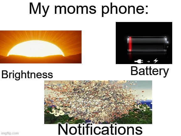 Blank White Template | My moms phone:; Battery; Brightness; Notifications | image tagged in blank white template,cell phone | made w/ Imgflip meme maker