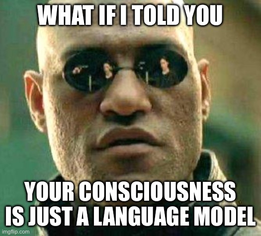 Your consciousness | WHAT IF I TOLD YOU; YOUR CONSCIOUSNESS IS JUST A LANGUAGE MODEL | image tagged in what if i told you,chatgpt,language,language model,consciousness | made w/ Imgflip meme maker