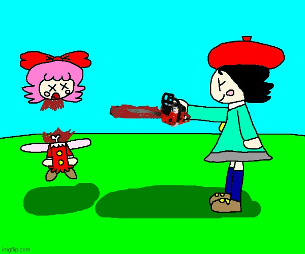 Adeleine is slaughtering Ribbon with a chainsaw | image tagged in kirby,gore,blood,funny,cute,fanart | made w/ Imgflip meme maker