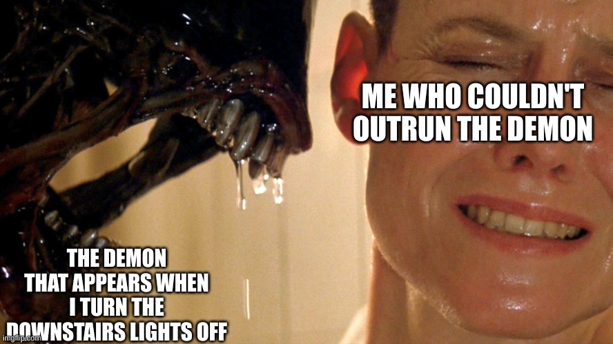 Um...this might be my last post...uh, goodbye, um...yeah that demon's got me | ME WHO COULDN'T OUTRUN THE DEMON; THE DEMON THAT APPEARS WHEN I TURN THE DOWNSTAIRS LIGHTS OFF | image tagged in xenomorph alien | made w/ Imgflip meme maker