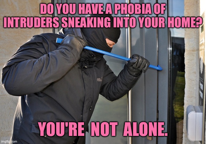 Do you have a phobia | DO YOU HAVE A PHOBIA OF INTRUDERS SNEAKING INTO YOUR HOME? YOU'RE  NOT  ALONE. | image tagged in burglar,phobia,intruders,breaking into your home,not alone | made w/ Imgflip meme maker