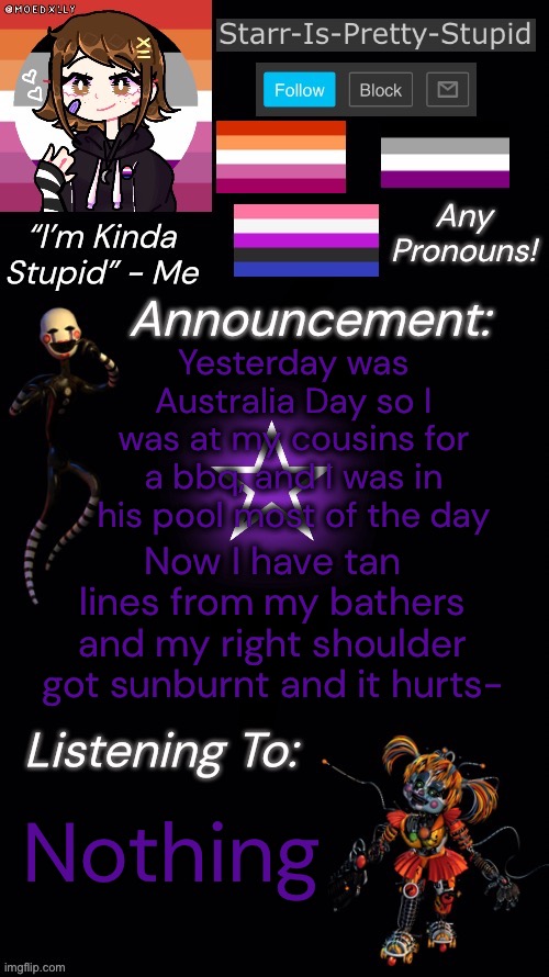 *cries in australian* | Yesterday was Australia Day so I was at my cousins for a bbq, and I was in his pool most of the day; Now I have tan lines from my bathers and my right shoulder got sunburnt and it hurts-; Nothing | image tagged in starr s temp | made w/ Imgflip meme maker