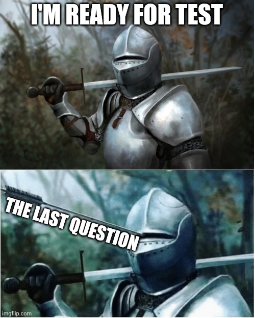 The last | I'M READY FOR TEST; THE LAST QUESTION | image tagged in knight with arrow in helmet | made w/ Imgflip meme maker