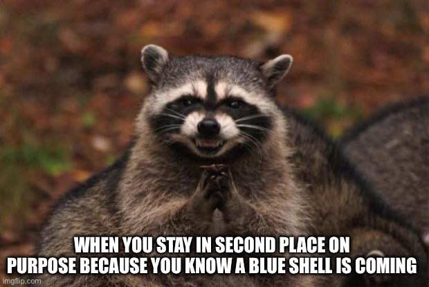 Stay In Second Place On Purpose | WHEN YOU STAY IN SECOND PLACE ON PURPOSE BECAUSE YOU KNOW A BLUE SHELL IS COMING | image tagged in evil genius racoon,mario kart,blue shell,second place,go kart race | made w/ Imgflip meme maker