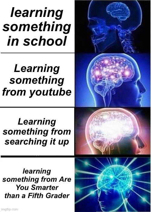 Expanding Brain Meme | learning something in school; Learning something from youtube; Learning something from searching it up; learning something from Are You Smarter than a Fifth Grader | image tagged in memes,expanding brain | made w/ Imgflip meme maker
