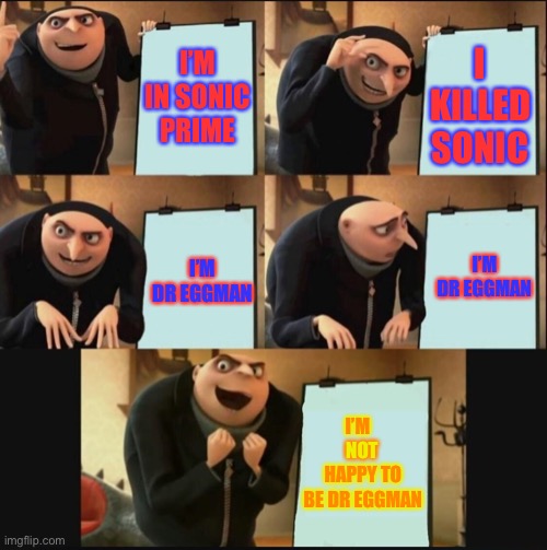 If gru was in sonic prime and his tech too? | I’M IN SONIC PRIME; I KILLED SONIC; I’M DR EGGMAN; I’M DR EGGMAN; I’M             HAPPY TO BE DR EGGMAN; NOT | image tagged in 5 panel gru meme | made w/ Imgflip meme maker