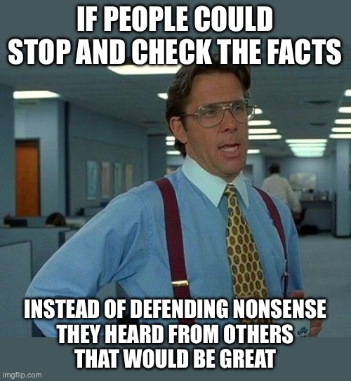 If people could stop and check the facts instead of defending nonsense they got from others that would be great | IF PEOPLE COULD STOP AND CHECK THE FACTS; INSTEAD OF DEFENDING NONSENSE
THEY HEARD FROM OTHERS
THAT WOULD BE GREAT | image tagged in memes,that would be great,misinformation,alternative facts,fact,myth | made w/ Imgflip meme maker