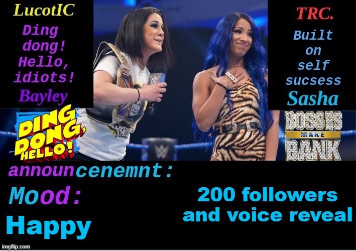 LucotIC and TRC: Boss 'n' Hug Connection DUO announcement temp | 200 followers and voice reveal; Happy | image tagged in lucotic and trc boss 'n' hug connection duo announcement temp | made w/ Imgflip meme maker