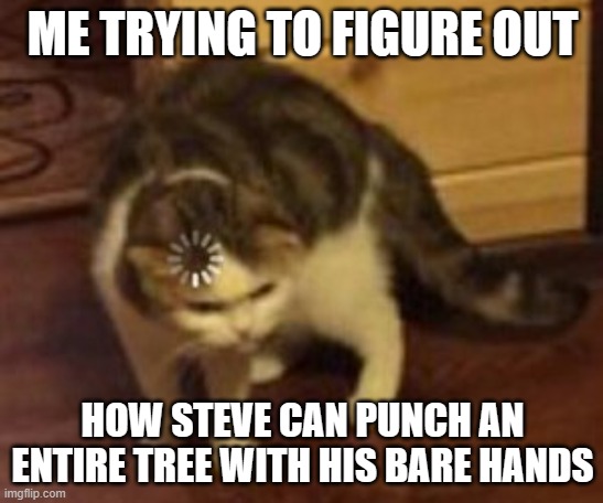 Minecraft Logic |  ME TRYING TO FIGURE OUT; HOW STEVE CAN PUNCH AN ENTIRE TREE WITH HIS BARE HANDS | image tagged in loading cat,minecraft memes,minecraft steve,loading,cat,what | made w/ Imgflip meme maker