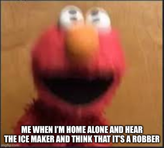 Can anyone else relate? | ME WHEN I’M HOME ALONE AND HEAR THE ICE MAKER AND THINK THAT IT’S A ROBBER | image tagged in scared elmo | made w/ Imgflip meme maker