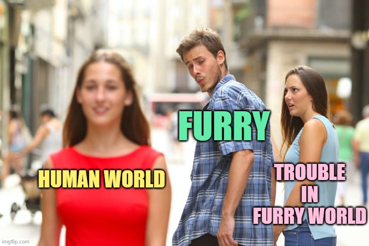 Distracted Boyfriend Meme | HUMAN WORLD FURRY TROUBLE IN FURRY WORLD | image tagged in memes,distracted boyfriend | made w/ Imgflip meme maker